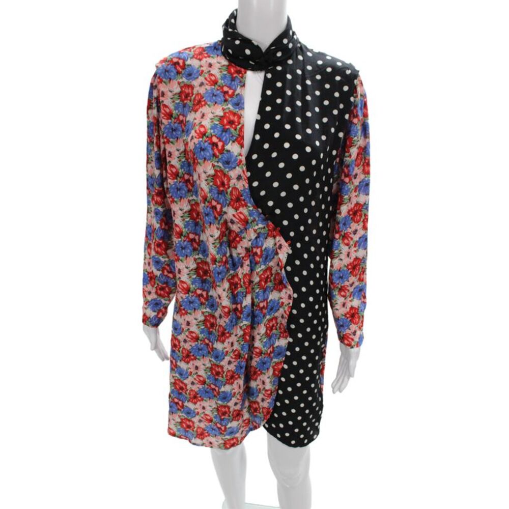 Rixo Womens Black Silk Floral High Neck Long Sleeve Wrap Dress Knee Size M